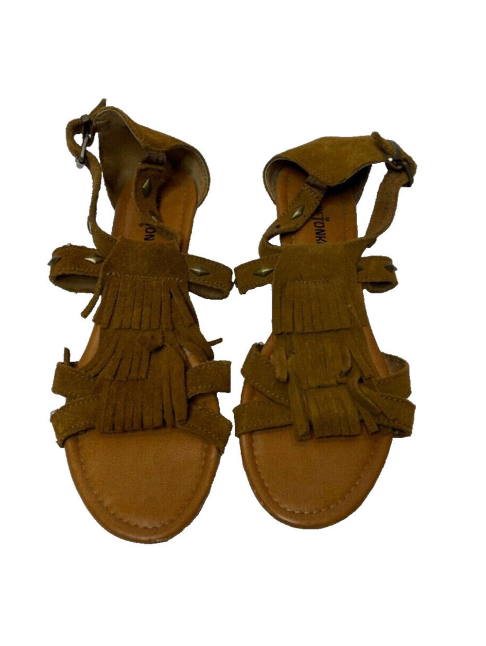 Minnetonka Merriam Suede Leather Fringe Studded Open Toe Wedge Sandals Size 9 - Picture 2 of 8